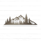 A silhouette of a mountain range with pine trees in the foreground.