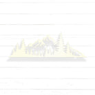 A silhouette of a mountain range with pine trees in the foreground, set against a white background with horizontal lines.
