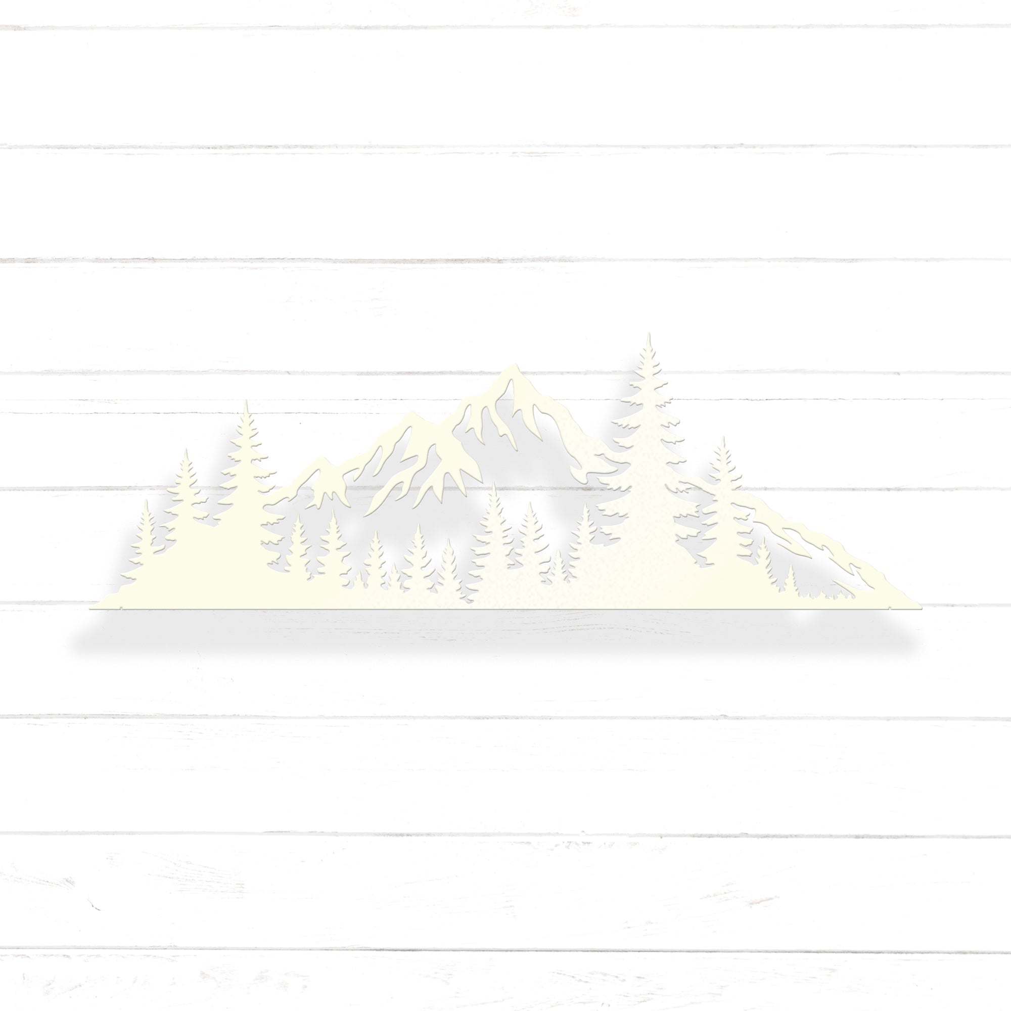 A silhouette of a mountain range with pine trees in the foreground, set against a white background with horizontal lines.