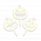 three white paper cutouts of Halloween pumpkins with spooky faces, arranged in a triangular formation against a white background.