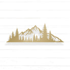 A silhouette of a mountain range with pine trees in the foreground.
